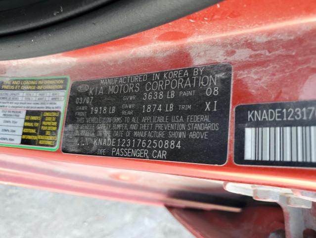 KNADE123176250884 - 2007 KIA RIO BASE RED photo 12