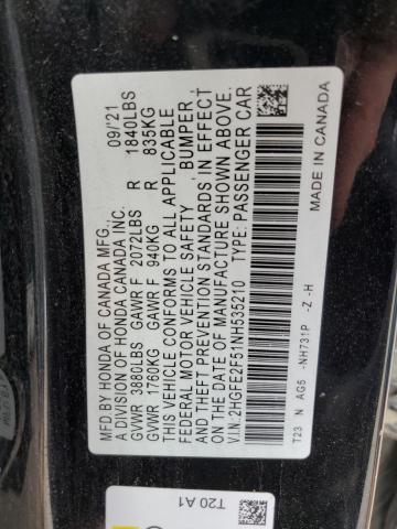 2HGFE2F51NH535210 - 2022 HONDA CIVIC SPORT 黑色 照片 12