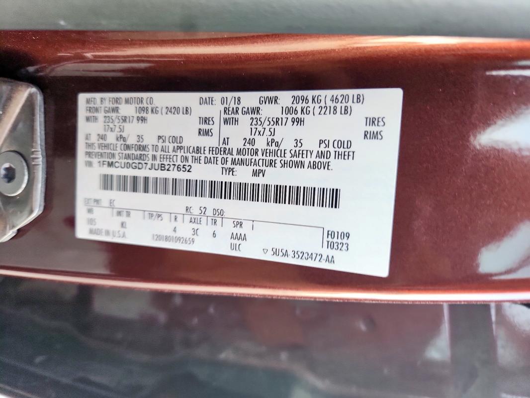 1FMCU0GD7JUB27652 - 2018 FORD ESCAPE SE BURGUNDY photo 12