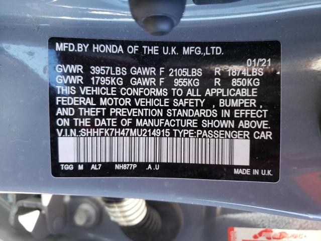 SHHFK7H47MU214915 - 2021 HONDA CIVIC SPORT GRAY photo 10