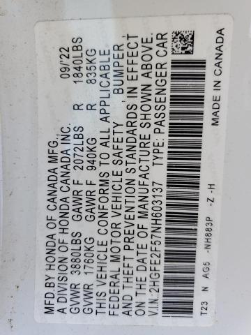 2HGFE2F57NH603137 - 2022 HONDA CIVIC SPORT WHITE photo 12