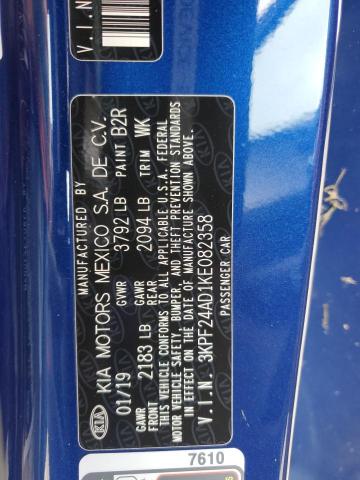 3KPF24AD1KE082358 - 2019 KIA FORTE FE ლურჯი ფოტო 12