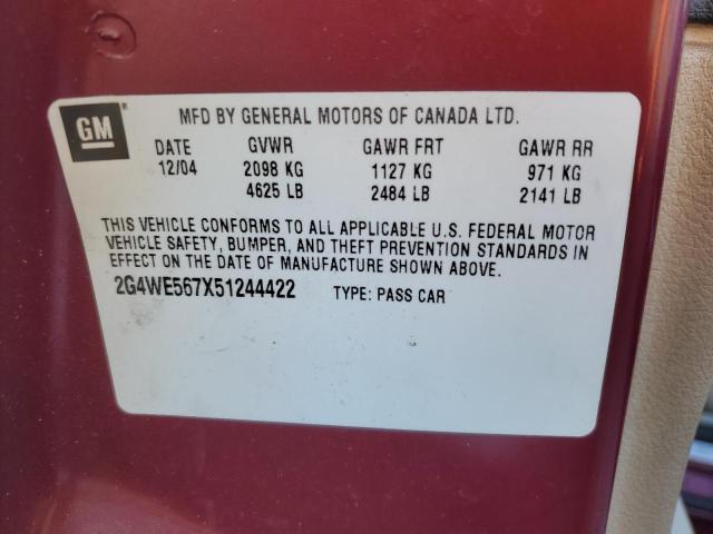 2G4WE567X51244422 - 2005 BUICK LACROSSE CXS BURGUNDY photo 10