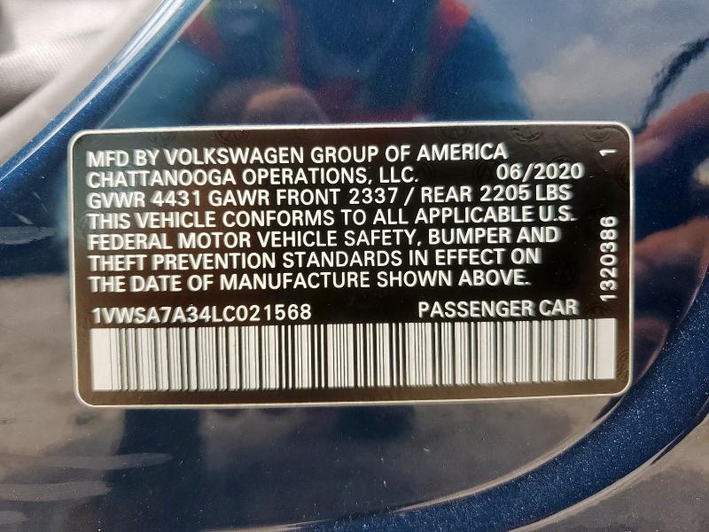1VWSA7A34LC021568 - 2020 VOLKSWAGEN PASSAT SE Mavi foto 12
