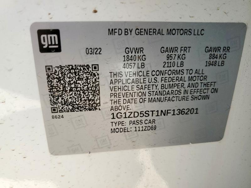 1G1ZD5ST1NF136201 - 2022 CHEVROLET MALIBU LT WHITE photo 12