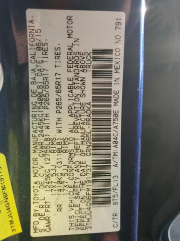 3TMJU4GN6FM191737 - 2015 TOYOTA TACOMA DOUBLE CAB PRERUNNER BLUE photo 12