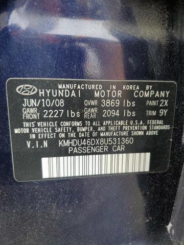 KMHDU46DX8U531360 - 2008 HYUNDAI ELANTRA GLS BLUE photo 12