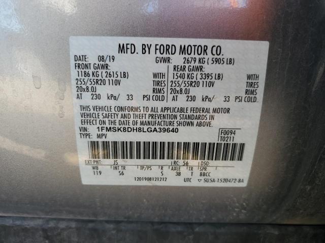 1FMSK8DH8LGA39640 - 2020 FORD EXPLORER XLT ვერცხლისფერი ფოტო 13