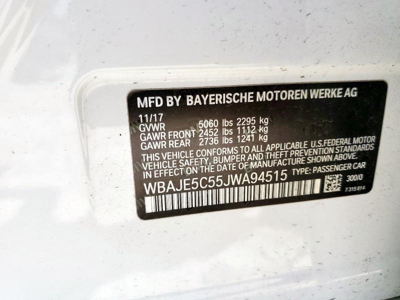 WBAJE5C55JWA94515 - 2018 BMW 540 I WHITE photo 12