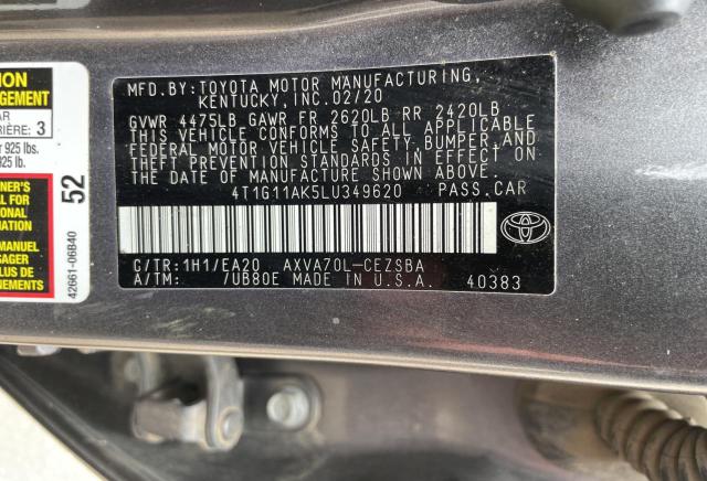 4T1G11AK5LU349620 - 2020 TOYOTA CAMRY SE GRAY photo 10