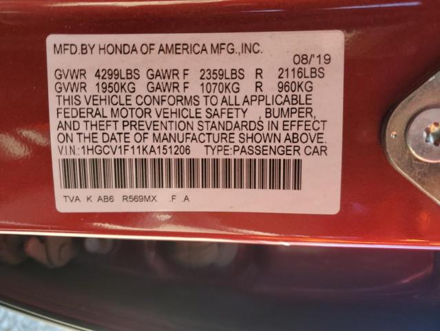 1HGCV1F11KA151206 - 2019 HONDA ACCORD LX MAROON photo 12