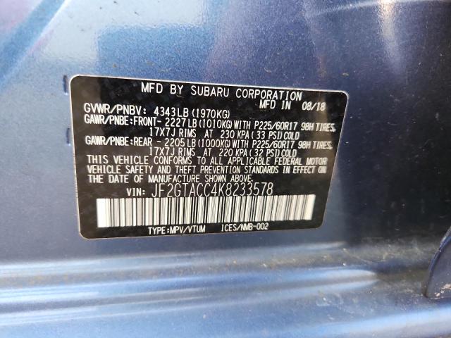 JF2GTACC4K8233578 - 2019 SUBARU CROSSTREK PREMIUM Կապույտ լուսանկար 12