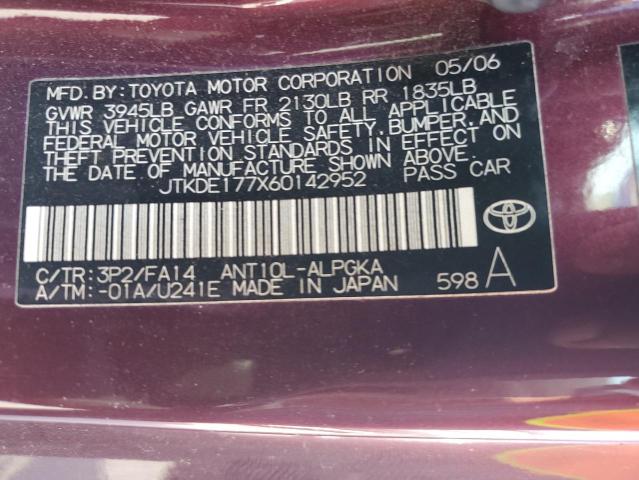 JTKDE177X60142952 - 2006 TOYOTA SCION TC 栗色 照片 12