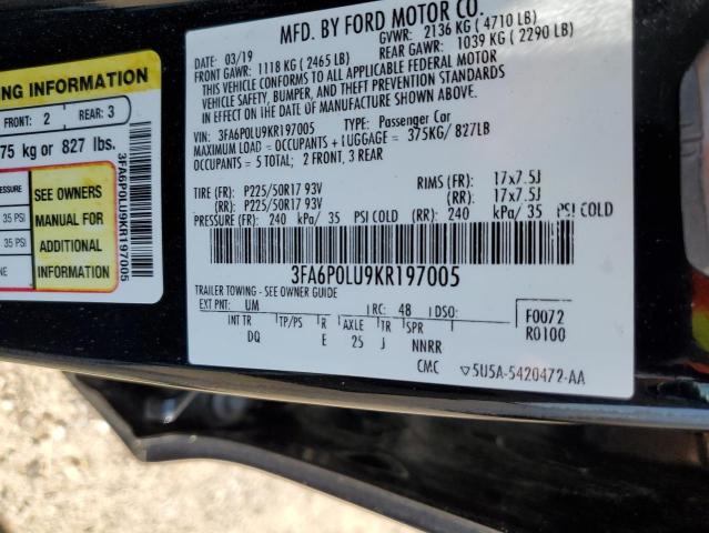 3FA6P0LU9KR197005 - 2019 FORD FUSION SE BLACK photo 12