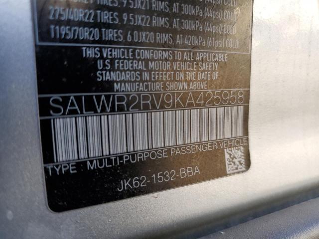 SALWR2RV9KA425958 - 2019 LAND ROVER RANGE ROVE HSE SILVER photo 10