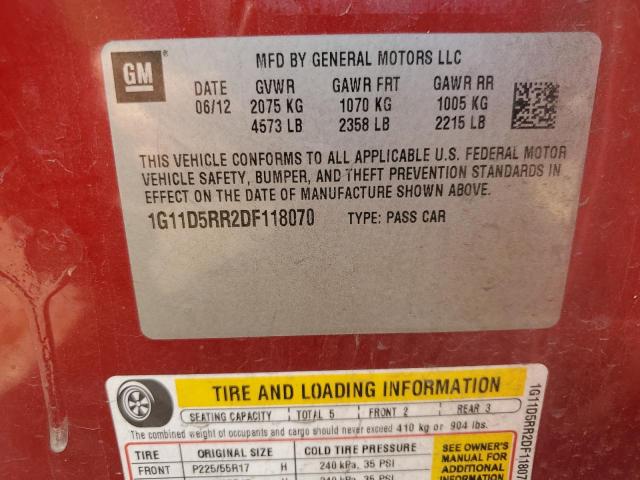 1G11D5RR2DF118070 - 2013 CHEVROLET MALIBU 1LT 红色 照片 12