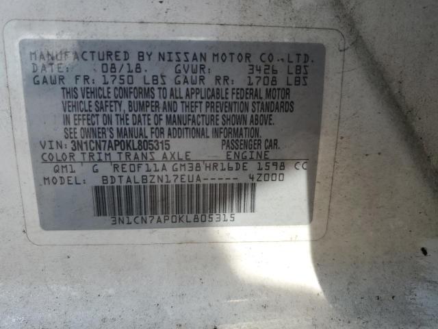 3N1CN7AP0KL805315 - 2019 NISSAN VERSA S WHITE photo 12