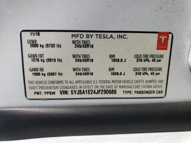5YJSA1E24JF290686 - 2018 TESLA MODEL S თეთრი ფოტო 12