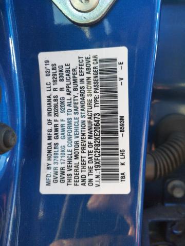 19XFC2F82KE206473 - 2019 HONDA CIVIC SPORT BLUE photo 10