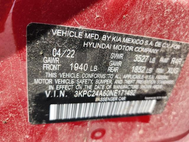 3KPC24A60NE171492 - 2022 HYUNDAI ACCENT SE RED photo 12