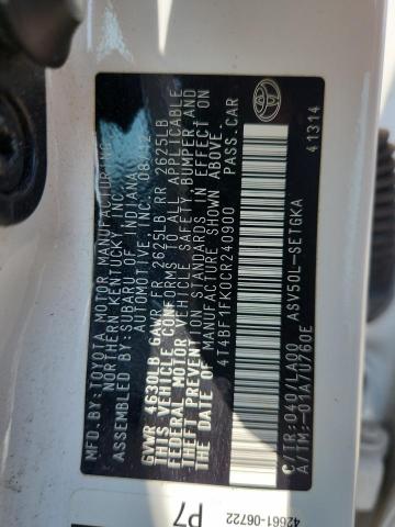 4T4BF1FK0CR240900 - 2012 TOYOTA CAMRY BASE WHITE photo 12