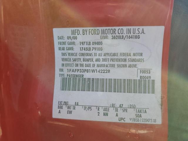 1FAFP33P81W142228 - 2001 FORD FOCUS LX RED photo 12