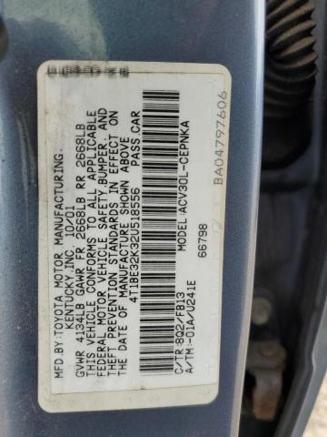 4T1BE32K32U518556 - 2002 TOYOTA CAMRY LE BLUE photo 12