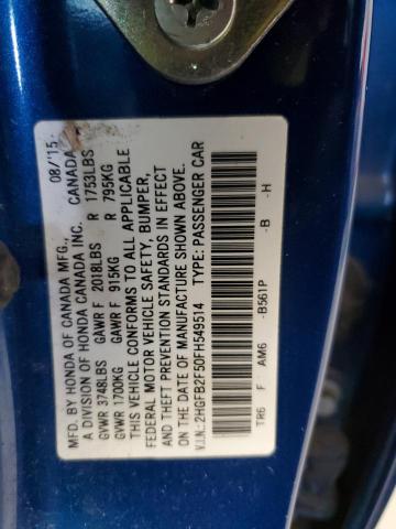 2HGFB2F50FH549514 - 2015 HONDA CIVIC LX BLUE photo 12