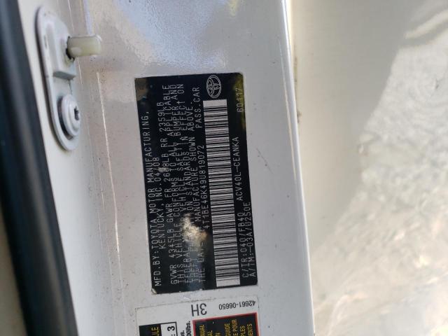 4T1BE46K49U819072 - 2009 TOYOTA CAMRY BASE 白色 照片 12