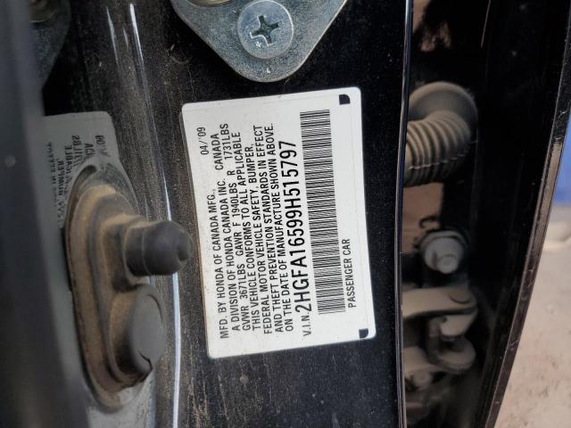 2HGFA16599H515797 - 2009 HONDA CIVIC LX შავი ფოტო 12