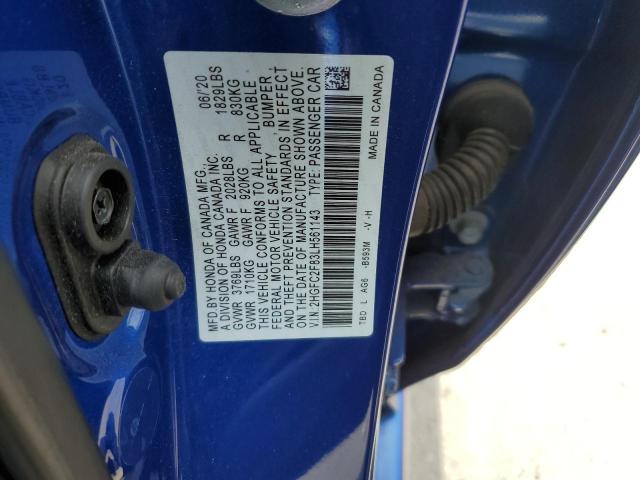 2HGFC2F83LH561143 - 2020 HONDA CIVIC SPORT BLUE photo 12