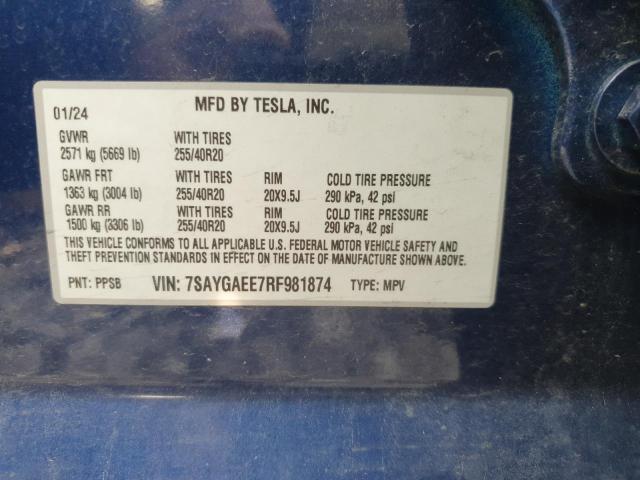 7SAYGAEE7RF981874 - 2024 TESLA MODEL Y 蓝色 照片 13