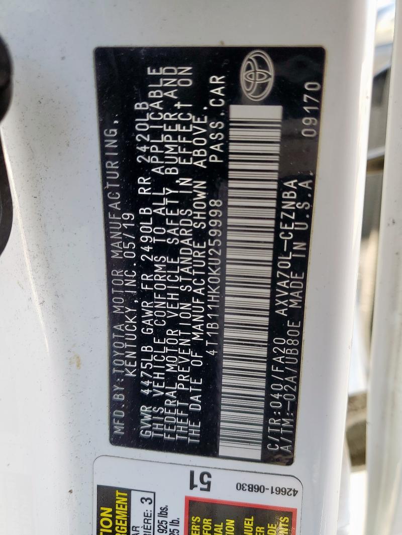4T1B11HK0KU259998 - 2019 TOYOTA CAMRY L Ağ foto 13