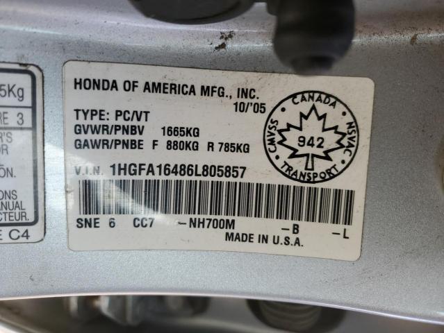 1HGFA16486L805857 - 2006 HONDA CIVIC LX SILVER photo 12