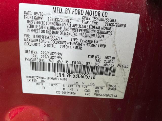 1LNHL9FT5BG605718 - 2011 LINCOLN MKS RED photo 10