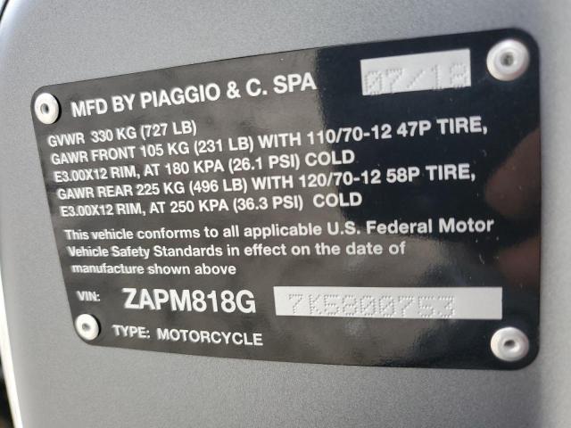 ZAPM818G7K5800753 - 2019 VESPA SPRINT 150 GRAY photo 10