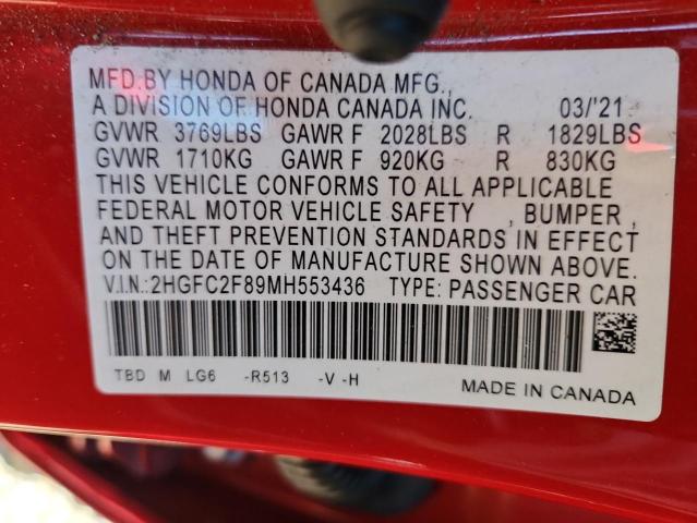 2HGFC2F89MH553436 - 2021 HONDA CIVIC SPORT RED photo 13