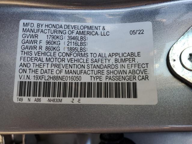 19XFL2H88NE016050 - 2022 HONDA CIVIC SPORT SILVER photo 10