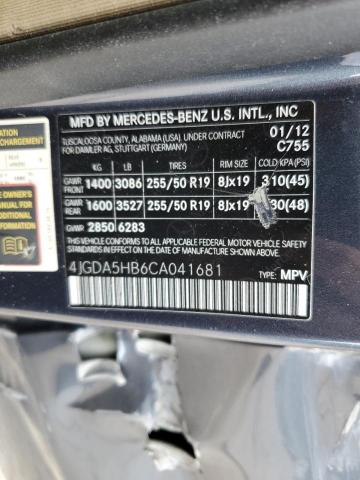 4JGDA5HB6CA041681 - 2012 MERCEDES-BENZ ML 350 4MATIC GRAY photo 12