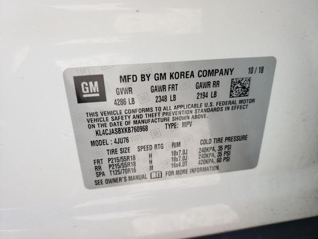 KL4CJASBXKB760968 - 2019 BUICK ENCORE PREFERRED Ақ фото 10