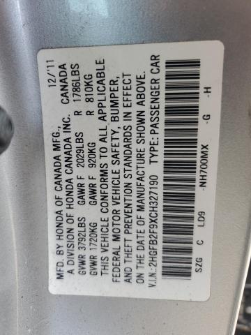 2HGFB2F9XCH327190 - 2012 HONDA CIVIC EXL SILVER photo 13