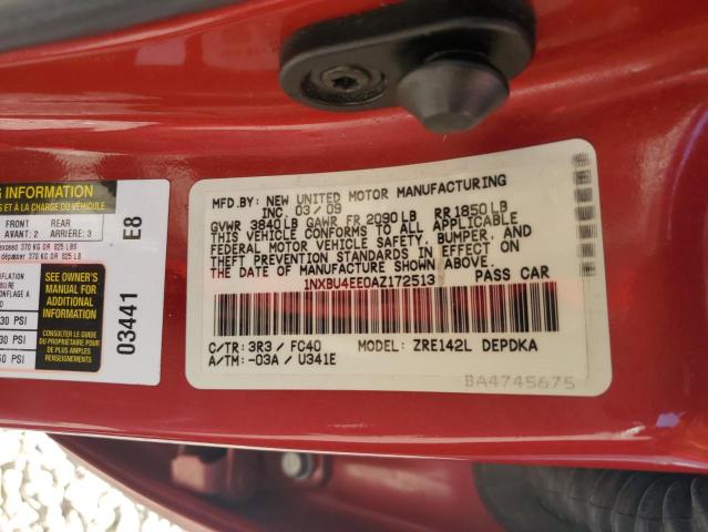 1NXBU4EE0AZ172513 - 2010 TOYOTA COROLLA BASE 红色 照片 12