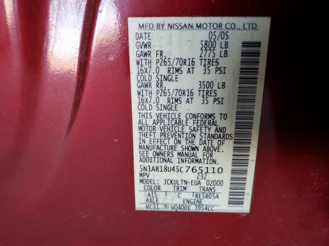 5N1AR18U45C765110 - 2005 NISSAN PATHFINDER LE RED photo 13