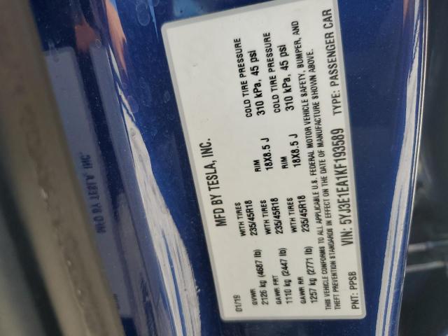 5YJ3E1EA1KF193589 - 2019 TESLA MODEL 3 Bleu photo 12