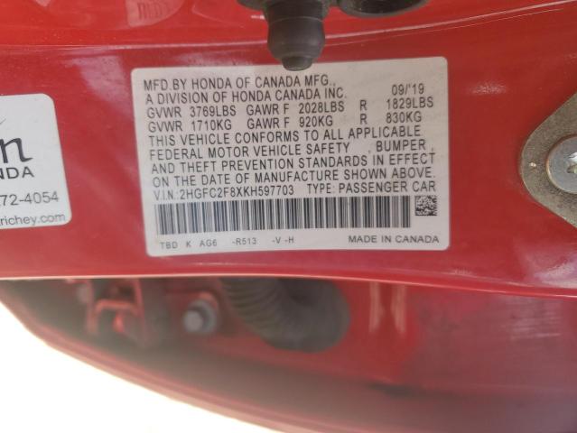2HGFC2F8XKH597703 - 2019 HONDA CIVIC SPORT Қызыл фото 12
