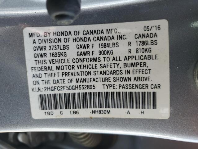 2HGFC2F50GH552895 - 2016 HONDA CIVIC LX SILVER photo 12