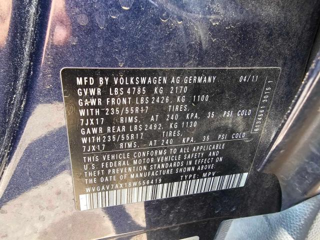 WVGAV7AX1BW556419 - 2011 VOLKSWAGEN TIGUAN S BLUE photo 10