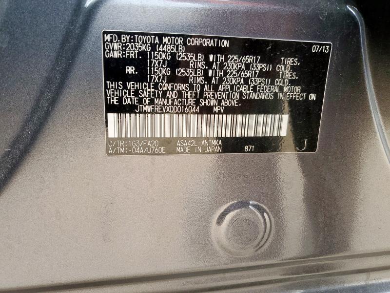 JTMWFREVXDD016044 - 2013 TOYOTA RAV4 XLE GRAY photo 13