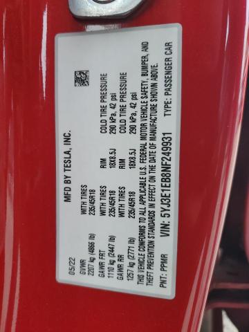 5YJ3E1EB8NF249931 - 2022 TESLA MODEL 3 红色 照片 13