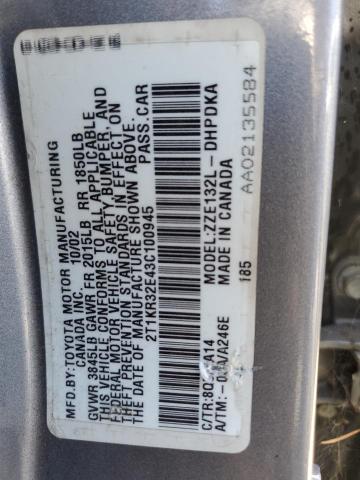 2T1KR32E43C100945 - 2003 TOYOTA COROLLA MA XR BLUE photo 12